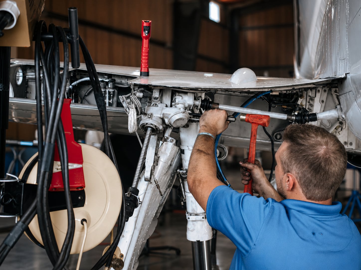 Plane Place Aviation technician working on landing gear assembly